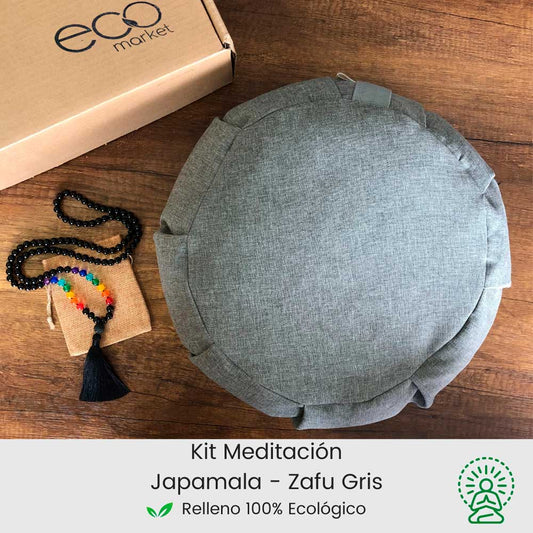 Kit para meditar incluye cojin zafu gris y japamala