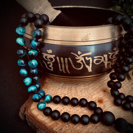 Japamala para meditacion ojo de tigre azul