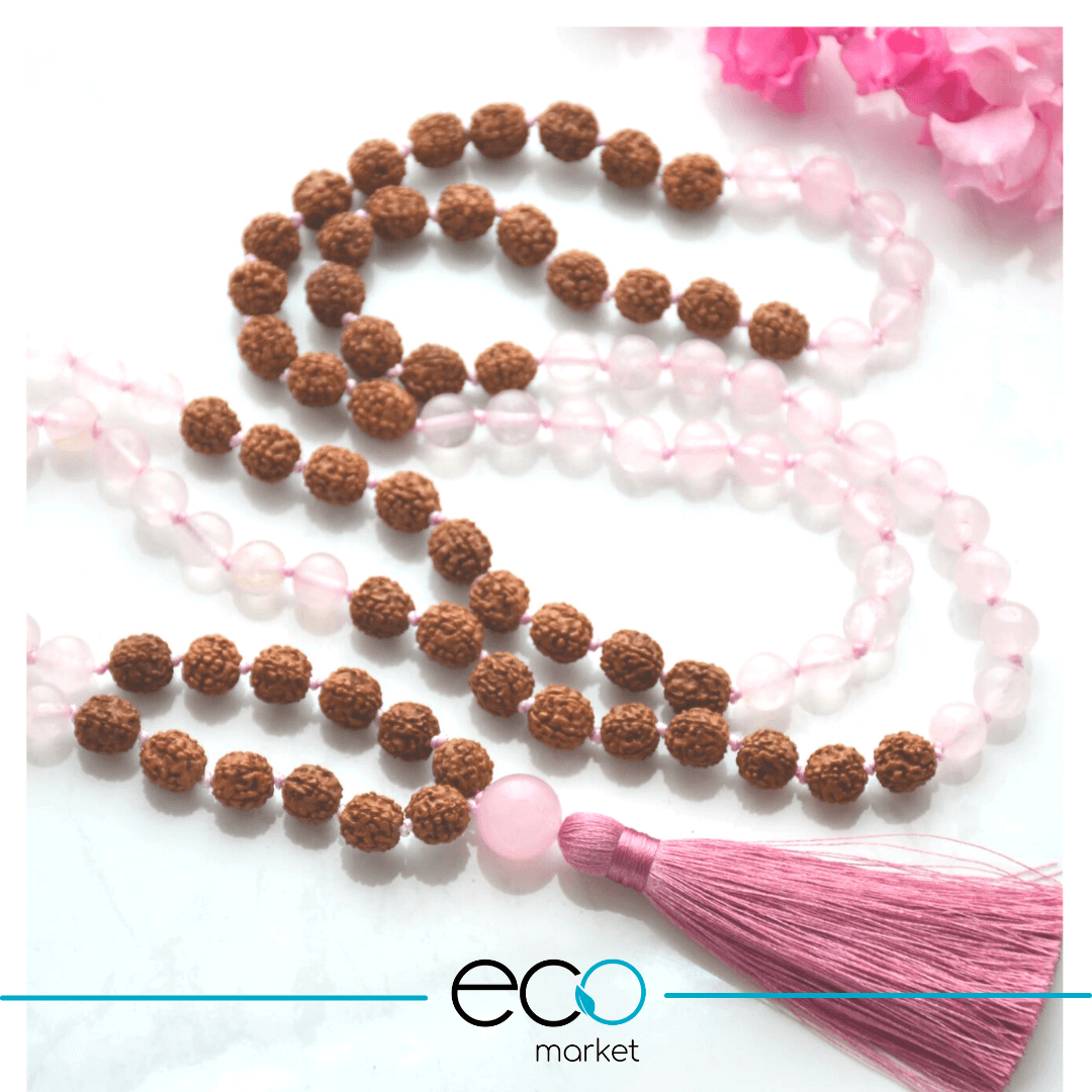 Japamala Rudraksha y Cuarzo Rosa 108 cuentas
