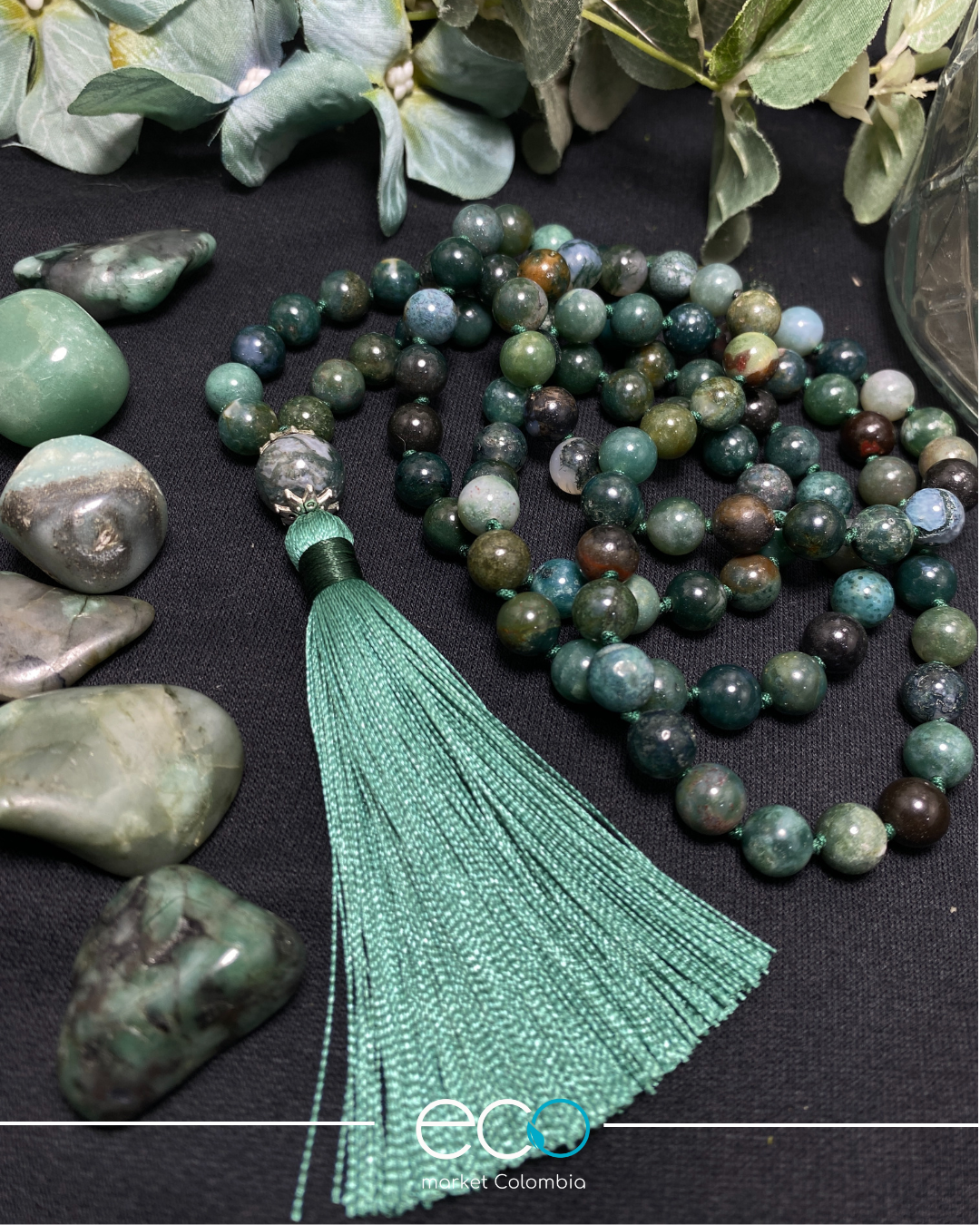 Japamala 108 cuentas Agata Verde de la India