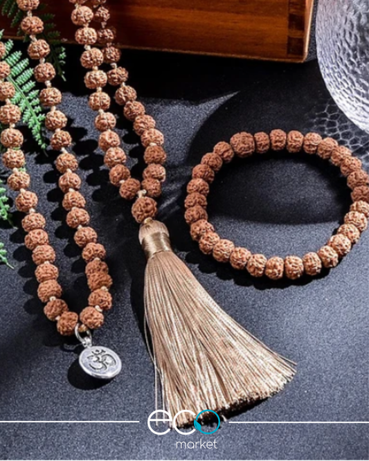 Collar y Pulsera Rudraksha Hilo Dorado