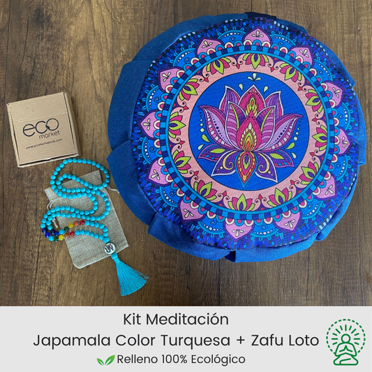Kit para meditar: Zafu Flor de loto  y Japamala turquesa