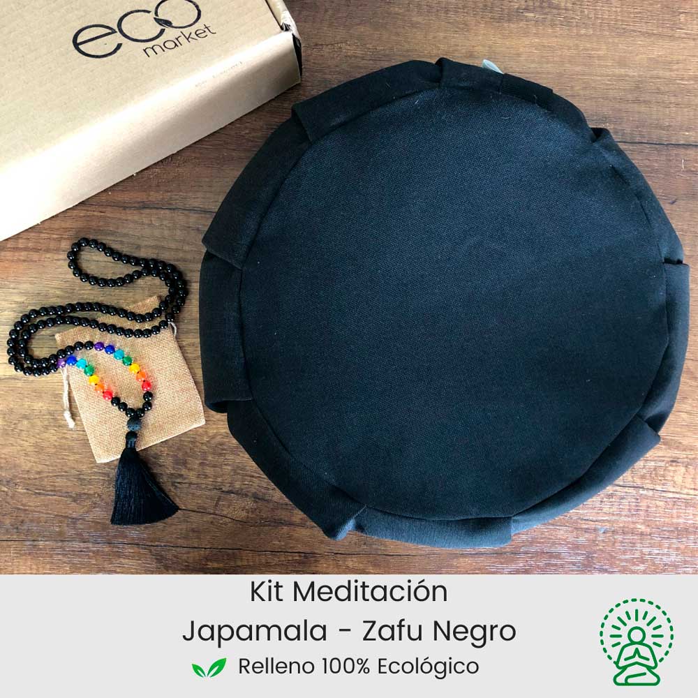 Kit para meditar incluye cojin zafu negro y japamala