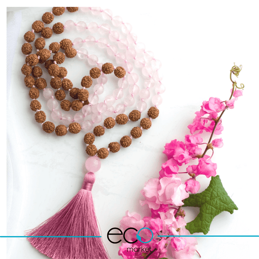 Japamala Rudraksha y Cuarzo Rosa 108 cuentas